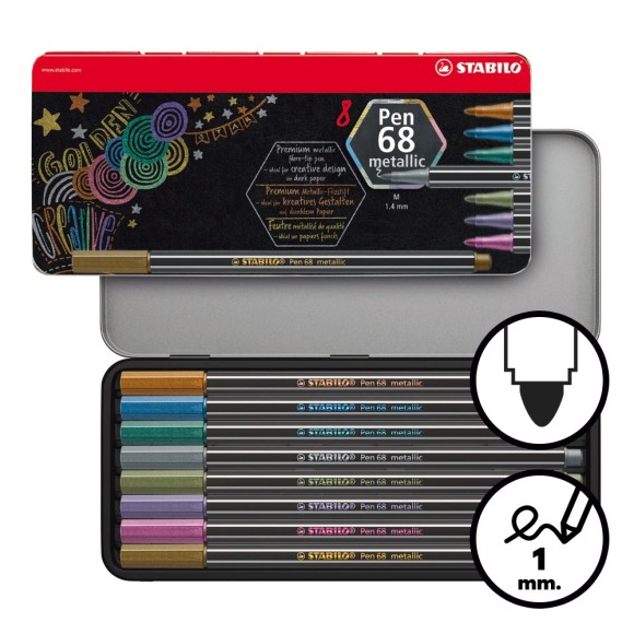 Caja 8 rotuladores Stabilo Pen 68 metallic en estuche metálico